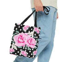 Tote Bag-Magenta Pink Floral-White Polka Dots-Black