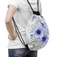 Drawstring Bag-Soft Blue Floral-Blue Stencil-White