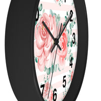 Wall Clock-Lush Pink Floral-Pink Horizontal Stripes-White