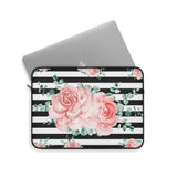 Laptop Sleeve-Lush Pink Floral-Black Horizontal Stripes-White