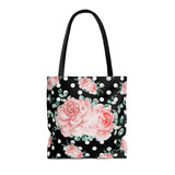 Tote Bag-Lush Pink Floral-White Polka Dots-Black