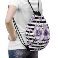 Drawstring Bag-Soft Purple Floral-Black Horizontal Stripes-White