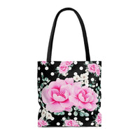 Tote Bag-Magenta Pink Floral-White Polka Dots-Black