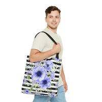 Tote Bag-Soft Blue Floral-Black Horizontal Stripes-White