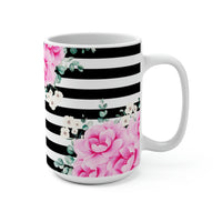 Coffee Mug 15oz-Magenta Pink-Floral Bash-Black Horizontal Stripes-White