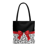 Tote Bag-Glam Red Bow-Grey Leopard-Black