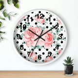 Wall Clock-Lush Pink Floral-Black Polka Dots-White