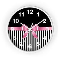 Wall Clock-Glam Pink Bow-Black White Pinstripes-Black