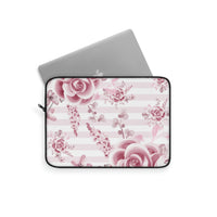 Laptop Sleeve-Soft Pink Floral Mauve-Horizontal Stripes-White