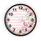 Wall Clock-Pink Floral Butterflies-Pink Horizontal Stripes