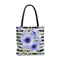 Tote Bag-Soft Blue Floral-Black Horizontal Stripes-White