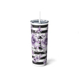 Skinny Tumbler, 20oz-Soft Purple Floral-Black Horizontal Stripes-White