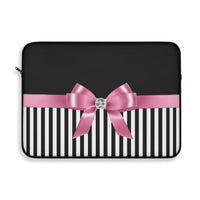 Laptop Sleeve-Glam Pink Bow-Black White Pinstripes-Black