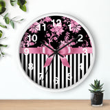 Wall clock-Glam Pink Bow-Pink Stencil-Black White Pinstripes