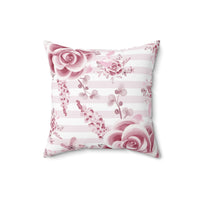 Square Pillow-Soft Pink Floral Mauve-Horizontal Stripes-White