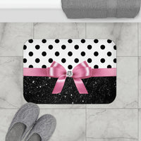 Bath Mat-Glam Pink Bow-Black Polka Dots-Black Glitter