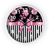 Wall clock-Glam Pink Bow-Pink Stencil-Black White Pinstripes