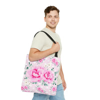 Tote Bag-Magenta Pink Floral-White Polka Dots-Pink