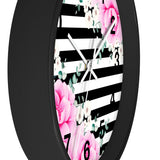 Wall Clock-Magenta Pink-Floral Bash-Black Horizontal Stripes-White