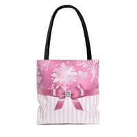 Tote Bag-Glam Pink Bow-Pink White Stencil-Pink White Pinstripes