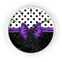 Wall Clock-Glam Purple Bow-Black Polka Dots-Black Glitter