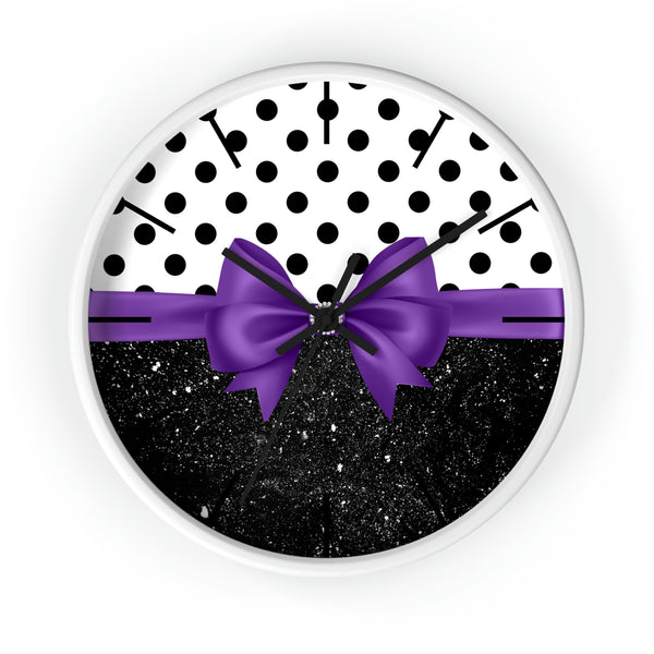 Wall Clock-Glam Purple Bow-Black Polka Dots-Black Glitter