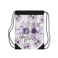 Drawstring Bag-Soft Purple Floral-Purple Pinstripes-White