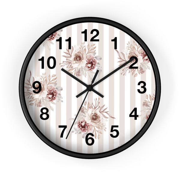 Wall clock-Neutral Browns-Floral Pinstripes