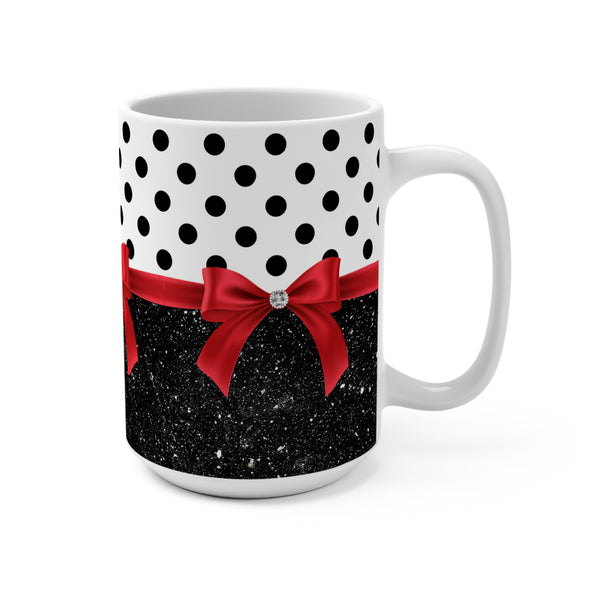 Coffee Mug 15oz-Glam Red Bow-Black Polka Dots-Black Glitter