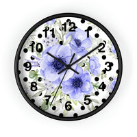 Wall Clock-Soft Blue Floral-Black Polka Dots-White