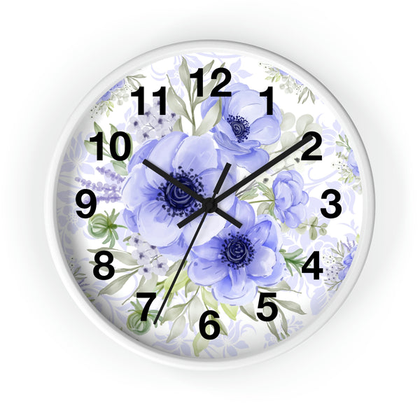 Wall Clock-Soft Blue Floral-Blue Stencil-White
