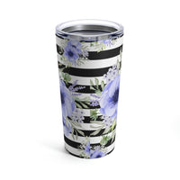 Tumbler 20oz-Soft Blue Floral-Black Horizontal Stripes-White