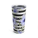 Tumbler 20oz-Soft Blue Floral-Black Horizontal Stripes-White