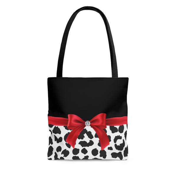 Tote Bag-Glam Red Bow-Snow Leopard-Black