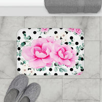 Bath Mat-Magenta Pink Floral-Black Polka Dots-White