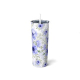 Skinny Tumbler, 20oz-Soft Blue Floral-Blue Stencil-White