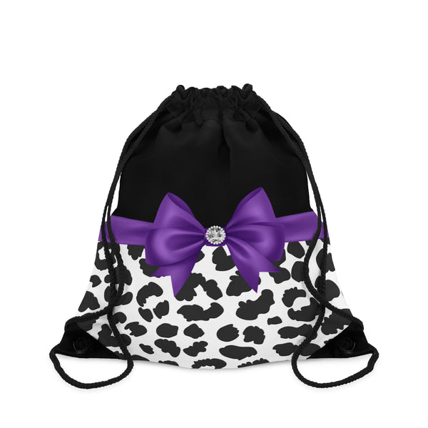 Drawstring Bag-Glam Purple Bow-Snow Leopard-Black