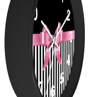 Wall Clock-Glam Pink Bow-Black White Pinstripes-Black