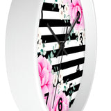 Wall Clock-Magenta Pink-Floral Bash-Black Horizontal Stripes-White