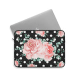 Laptop Sleeve-Lush Pink Floral-White Polka Dots-Black