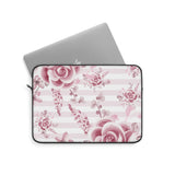 Laptop Sleeve-Soft Pink Floral Mauve-Horizontal Stripes-White