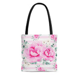 Tote Bag-Magenta Pink Floral-Pink Horizontal Stripes-White