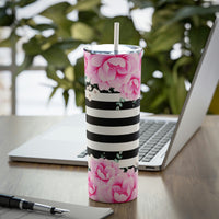 Skinny Tumbler, 20oz-Magenta Pink-Floral Bash-Black Horizontal Stripes-White