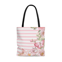 Tote Bag-Pink Floral Butterflies-Pink Horizontal Stripes