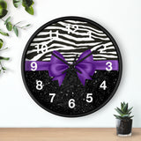 Wall Clock-Glam Purple Bow-Zebra-Black Glitter