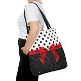 Tote Bag-Glam Red Bow-Black Polka Dots-Black Glitter