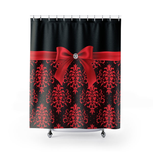 Shower Curtains-Glam Red Bow-Red Lace-Black