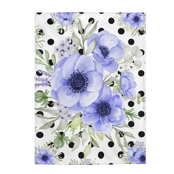 Velveteen Plush Blanket-Soft Blue Floral-Black Polka Dots-White