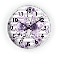 Wall Clock-Soft Purple Floral-Soft Purple Horizontal Stripes-White