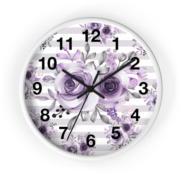 Wall Clock-Soft Purple Floral-Soft Purple Horizontal Stripes-White